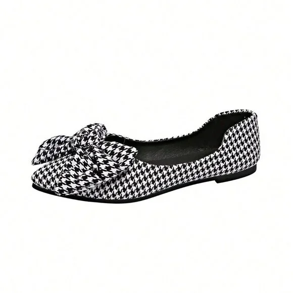 Black And White Casual Women's Loafers with Plaid Bow - Picture 8 of 8